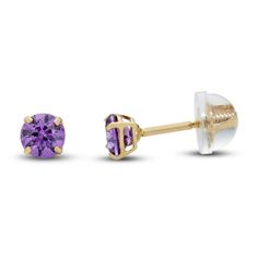 These charming stud earrings feature vibrant purple cubic zirconia and are crafted in 14K yellow gold. The earrings secure with screw backs. Purple Cubic Zirconia Earrings For Pierced Ears, 14k Gold Purple Earrings With Prong Setting, Purple Diamond Earrings Studs, Purple 14k Gold Earrings With Prong Setting, Purple Amethyst Crystal Earrings For Pierced Ears, Purple Amethyst Birthstone Earrings, Amythest Stud Earrings, Kay Jewelers, Gold Price