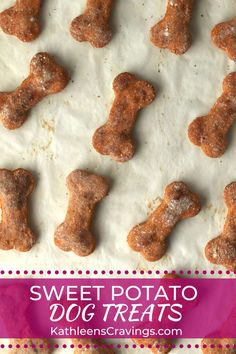 sweet potato dog treats on parchment paper with pink polka dot border and text overlay that reads, sweet potato dog treats