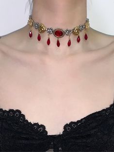 Vintage Choker For Party, Bohemian Clavicle Chain Choker, Retro Jewelry For Parties, Retro Clavicle Chain Necklaces For Party, Retro Party Clavicle Chain Necklaces, Retro Party Clavicle Chain Necklace, Red Punk Choker As Gift, Gold Punk Choker For Gift, Punk Style Gold Choker Gift