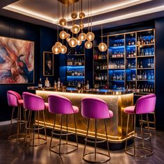 a bar with purple chairs and lights hanging from the ceiling