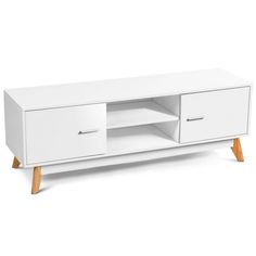 a white tv stand with two drawers and wooden legs