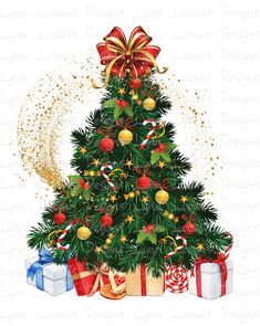 a christmas tree with presents under it and gold glitters on the top, in front of a white background