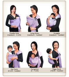 the instructions for how to wrap a baby in a sling, with pictures of different positions