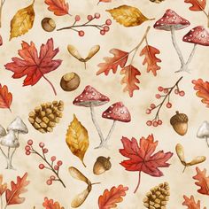 watercolor fall leaves and acorns are featured in this seamless background pattern