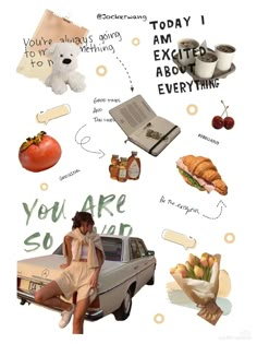 a woman sitting on the back of a car surrounded by food and words that read you are so weird