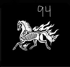 a black and white horse with flames on it's back