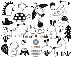 the forest animals clipart set is shown in black and white, on lined paper