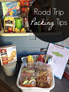 the road trip packing tips are packed in plastic containers