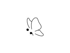 a black and white drawing of a butterfly with two dots on it's wings