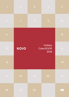 the calendar for koio is displayed in red and tan squares with white numbers on them