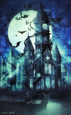 a gothic castle with bats flying over it and a full moon in the sky above