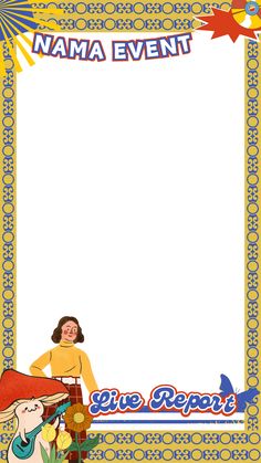 a frame with an image of a woman in yellow shirt and red pants, holding a blue