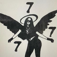 a black and white drawing of a woman with an angel on her back holding a knife