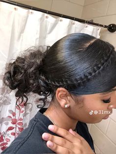 #curlyhairstyle #3chair #fishtail Hairstyles For Puerto Rican Hair, Low Ponytail With Swoop For Black Women, Slicked Curly Hairstyles, Wavy Hairstyles Ponytail, Up Do Hairstyles For Curly Hair, Natural Winter Hairstyles, Curly Ponytail With Braid, Simple Hairstyles For Short Curly Hair, Curly Hairstyles Tied Up