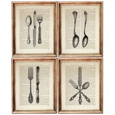 four forks and spoons on an old book page, framed in wood frames with text