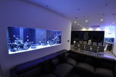 a living room filled with furniture and large fish tank on the wall next to it