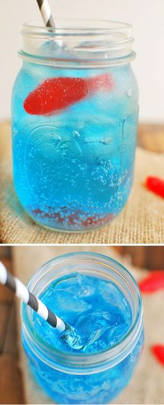 two pictures of blue liquid with a red fish in it and one has a toothbrush