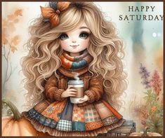 a painting of a girl holding a coffee cup and wearing a scarf with the words happy saturday on it