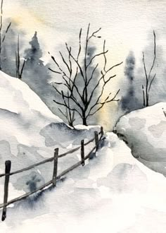 a watercolor painting of a snowy fence and trees