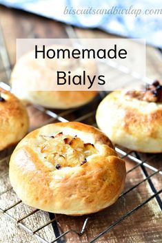 homemade bialys on a cooling rack with text overlay