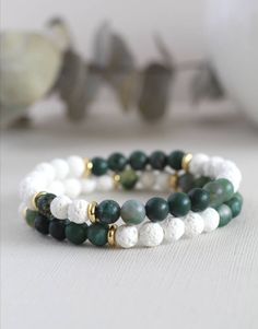 Green Moss Agate beaded Women bracelet 6mm, pared with White lava beads, gold plated spacers, Women Moss Agate bracelet / gift for her by OleeJewellry on Etsy White Gemstone Bracelet, Jewellery Beads Ideas, Unique Beads Bracelet, Handmade Bracelets Diy, Gemstone Bead Bracelet Ideas, Beaded Gemstone Bracelets, Green Bead Bracelet Ideas, Gemstone Bracelet Ideas, Bead Bracelet Design Ideas