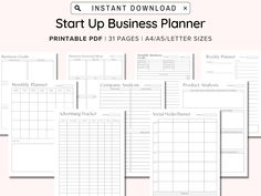 the start up business planner printable is shown in four different sizes, including one for each