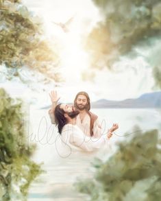 a man and woman are floating in the water with their hands up to each other