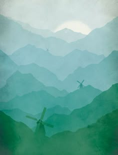 two windmills in the middle of a mountain range with birds flying over them,