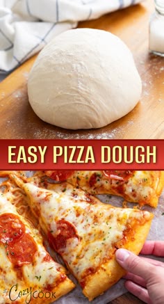 top is pizza dough in a ball, bottom is slice of cooked pizza
