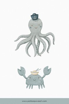 an octopus with a sailor's hat on its head and two crabs in the water