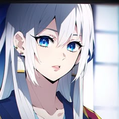 an anime character with long white hair and blue eyes looks at the camera while wearing earrings