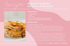 the recipe for healthy banana oatmeal pancakes is shown on a pink background