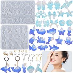 various sea animals and seashells are shown in this collage, including an earring