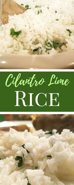 close up of rice on a plate with text overlay reading cilantro lime rice