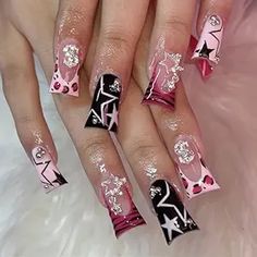 y2k duck nails, stars pink striped, 2000s mcbling trashy Duck Nails, Fake Nails With Glue, Nails For Women, Stick On Nails, Rhinestone Designs, Nail Supply, Artificial Nails, Nail Accessories, Nail Art Decorations