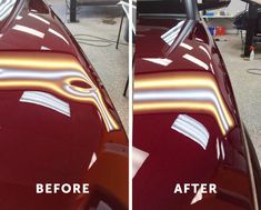 before and after photos of a red car's hood with gold stripeing on it