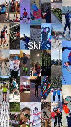 a collage of photos with people skiing and snowboarding