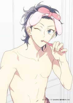 a shirtless man brushing his teeth with a pink towel on top of his head