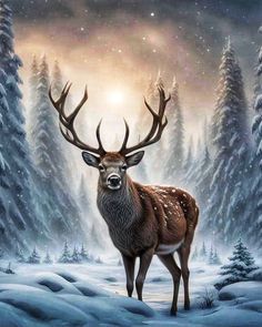 a painting of a deer standing in the middle of a snow covered forest at night