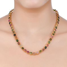 Multi Colored Tourmaline Gold Vermeil Over Sterling Silver Necklace Silver = 30.95 gm. Tourmaline = 60.45 ct. The beautiful necklace measures to be 18 inches long. If for any reason you are not completely satisfied, you may return, exchange, replace, or credit your purchase within 15 days from delivery. Wholesale Enquiries? Contact us & we will get in touch with you! Elegant Tourmaline Necklaces With Natural Stones, Round Tourmaline Gemstone Necklaces, Elegant Tourmaline Necklace With Natural Stones, Elegant Oval Tourmaline Necklace, Elegant Multicolor Multi-strand Necklace, Yellow Gold Tourmaline Multi-stone Jewelry, Gold Multi-stone Tourmaline Necklaces, Multicolor Multi-stone Tourmaline Necklace, Luxury Multicolor Multi-stone Necklaces