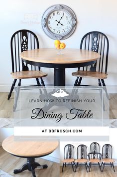 a table with four chairs and a clock on the wall above it that says learn how to refish your dining table at bench com