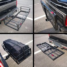 four pictures of the back of a truck with luggage in it