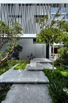 an outdoor garden with concrete steps leading up to the front door and trees in the foreground