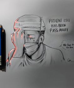 a drawing of a man wearing a surgical mask and holding his hand to his face