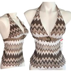 Beautiful Perry Ellis Zigzag Pattern Tankini Halter Top, Size Xs. New With Tags. Missoni Style Chevron Pattern White, Tan, Nude And Brown Woven Padded Cups, Removable Signature Metal O-Rings Adjustable Neck And Back * Tags: Sea Level, Nike, Vintage Bikini, Victoria’s Secret Bikini, Crochet Bikini, Knit Bikini, Tahari, Michael Kors, Y2k Bikini, Retro Bikini, 90s Bikini, Coach * Flat: 15” Armpit To Armpit (Stretches A Lot) * 10” Armpit To Bottom Hem * 22” Approximate Length (Neck Tie Adjustment) B Crochet Tankini, Rings Adjustable, Halter Top Tankini, 2000s Mcbling, Zigzag Pattern, 2000s Fashion Outfits, Nike Vintage, Perry Ellis, Sea Level