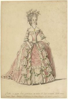 Charles-Germain de Saint-Aubin: dame en habit de cour 1785.  ©Photo Les Arts Décoratifs, Paris  Tous droits réservés French Court Dress, Rococo Dress, 18th Century Clothing, Court Dresses, Fashion Illustration Vintage, Regency Fashion, Century Clothing