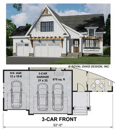 two car garage plan with three cars in the front and one on the back side