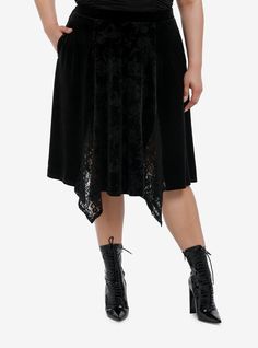 Channel those witchy vibes in this black velvet midi skirt! Featuring ram  scorpion and celestial designs debossed allover  plus godet lace panels. Comes with an elasticated waistband and side seam pockets.93% polyester; 7% spandexWash cold; dry lowStretchy materialLength: 36''ImportedModel is 5'10''Model wears size 1 Cosmic Aura, Pleated Skirt Plus Size, Chain Skirt, Light Blue Plaid, Velvet Midi Skirt, Pastel Plaid, Plaid Pleated Skirt, Latest Skirts, Black Pleated Skirt