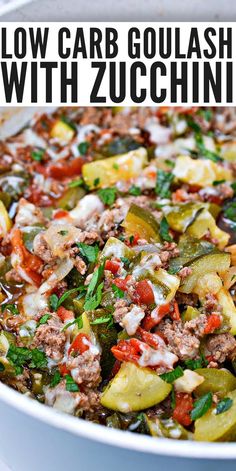 low carb goulash with zucchini in a white casserole dish