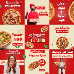 the advertisement for pizza hut is shown in multiple languages and features different types of toppings